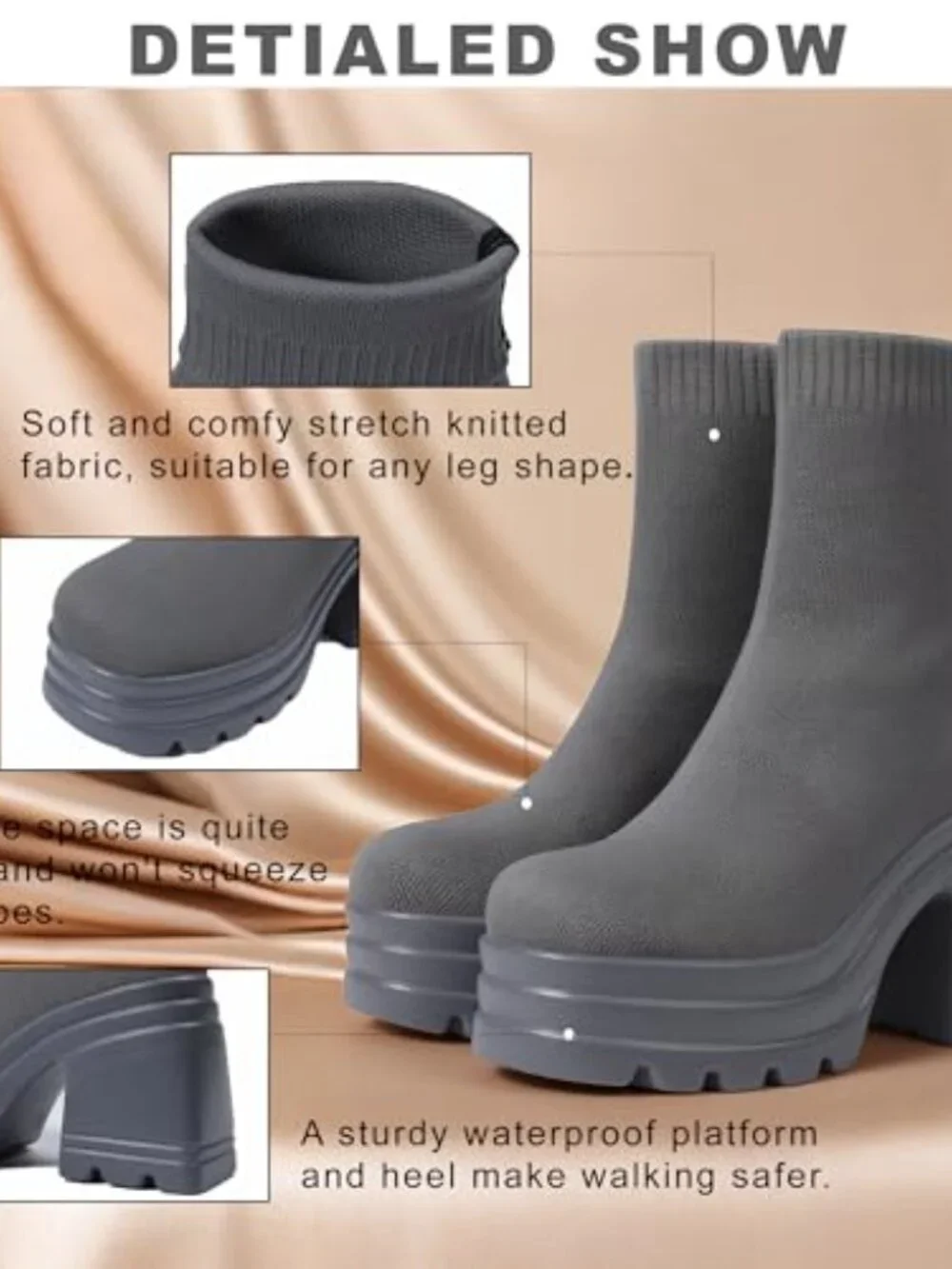 Women's Comfortable Square Toe Slip On Stretch Knit Platform Chunky Heel Sock